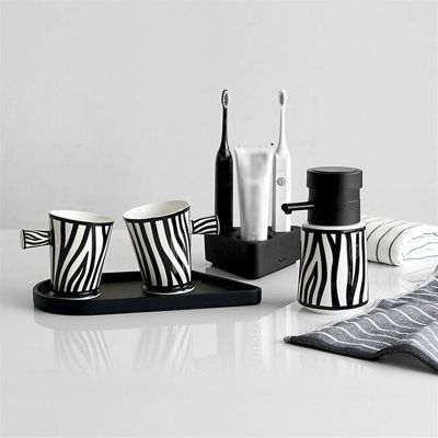 LFPSVC Soap Dispenser 5-Pc Black and White Striped Ceramics Bathroom Set with Soap Dispenser, Toothbrush Holder, Tumbler, Tray Liquid soap Dispenser, 20010125