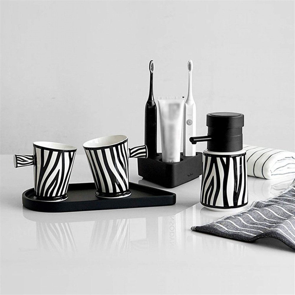LFPSVC Soap Dispenser 5-Pc Black and White Striped Ceramics Bathroom Set with Soap Dispenser, Toothbrush Holder, Tumbler, Tray Liquid soap Dispenser, 20010125