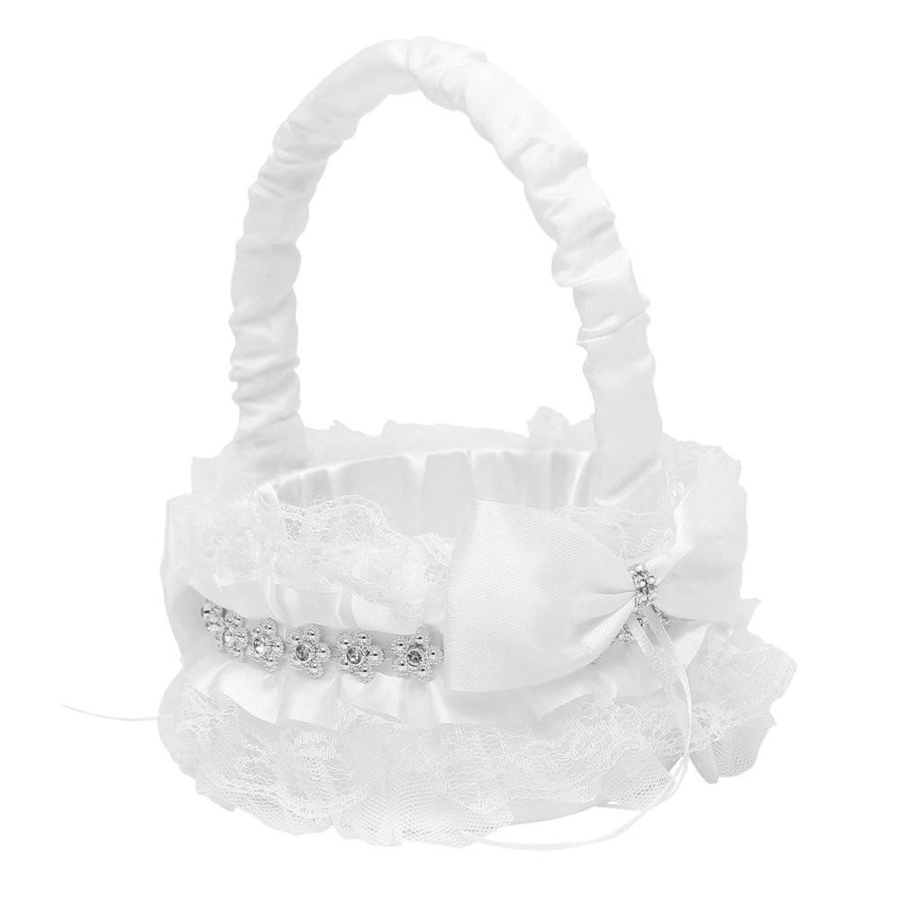 Wedding Flower Basket Rhinestone Bowknot Elegant Lace Decoration for Flower Girl Unique Bridal Accessory for Weddings and Parties