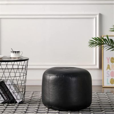 OTBEHUWJ Footstool Storage Footstool Foot Stool Round Pouf Ottoman,PU Faux Leather Footrest Stool,Foot Rest Short Sofa Stool,Upholstered for Living Room Bedroom-Black 45x28cm Home Decor Stool