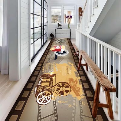 Houient Movies Runner Rug, 3.3x7ft, Vintage Cinema Themed Popcorn Cinema Ticket and Projector Film Reel Print Carpet, Rustic Brown Anti-Slip Washable Hallway Mat for Living Dining Room