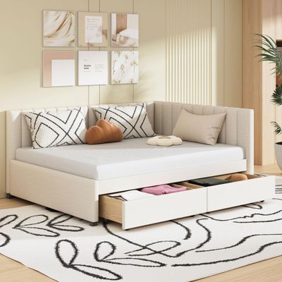 Full Size Upholstered Daybed with 2 Storage Drawers,Semi-Closed Design, Linen Fabric Sofa Bed Frame for Kids, Bedroom, Dorm, No Spring Box Need (Beige/Linen-A, Full)