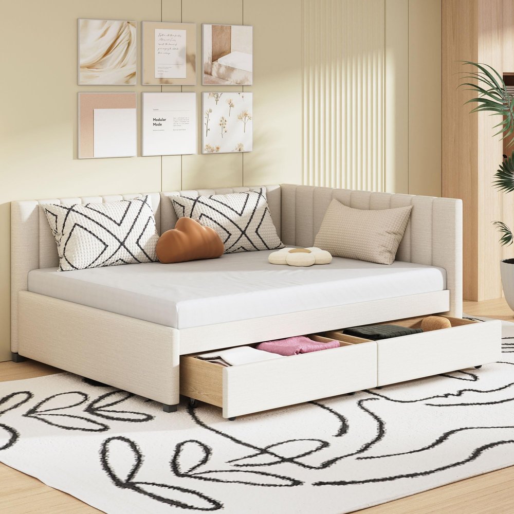 Full Size Upholstered Daybed with 2 Storage Drawers,Semi-Closed Design, Linen Fabric Sofa Bed Frame for Kids, Bedroom, Dorm, No Spring Box Need (Beige/Linen-A, Full)