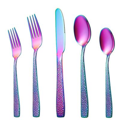 ONUIFIKE Silverware Set, 5/20/30/40 Pieces Square Handle Hammered Stainless Steel Tableware Hammered Steak Knife, Fork And Spoon Cutlery Set, Home Cutlery Flatware Set (Color : Rainbow, Size : 4Set
