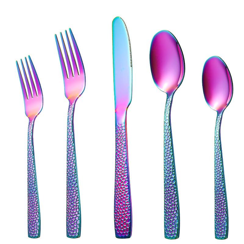 ONUIFIKE Silverware Set, 5/20/30/40 Pieces Square Handle Hammered Stainless Steel Tableware Hammered Steak Knife, Fork And Spoon Cutlery Set, Home Cutlery Flatware Set (Color : Rainbow, Size : 4Set