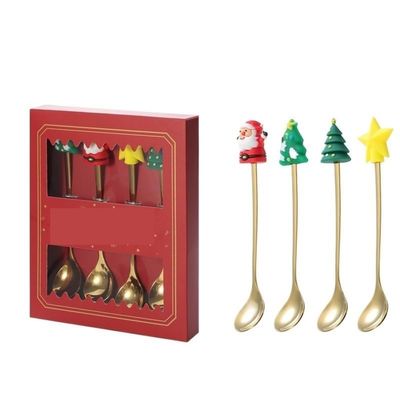 ONUIFIKE Silverware Set, 4/16/24/32 Pieces Christmas Stainless Steel Spoons Coffee Spoon Creative Dessert Spoon Gift Box Cute Cartoon Set, Home Cutlery Flatware Set (Color : Red, Size : 6Set-24Pcs