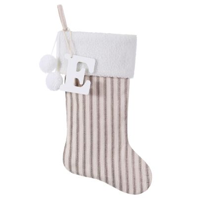 JKSVE 19.5 Inch Vintage Cream Vertical Stripe Christmas Stocking w/Poms, Personalized Wooden Initial Monogram Christmas Stocking, Christmas Party Family Decor