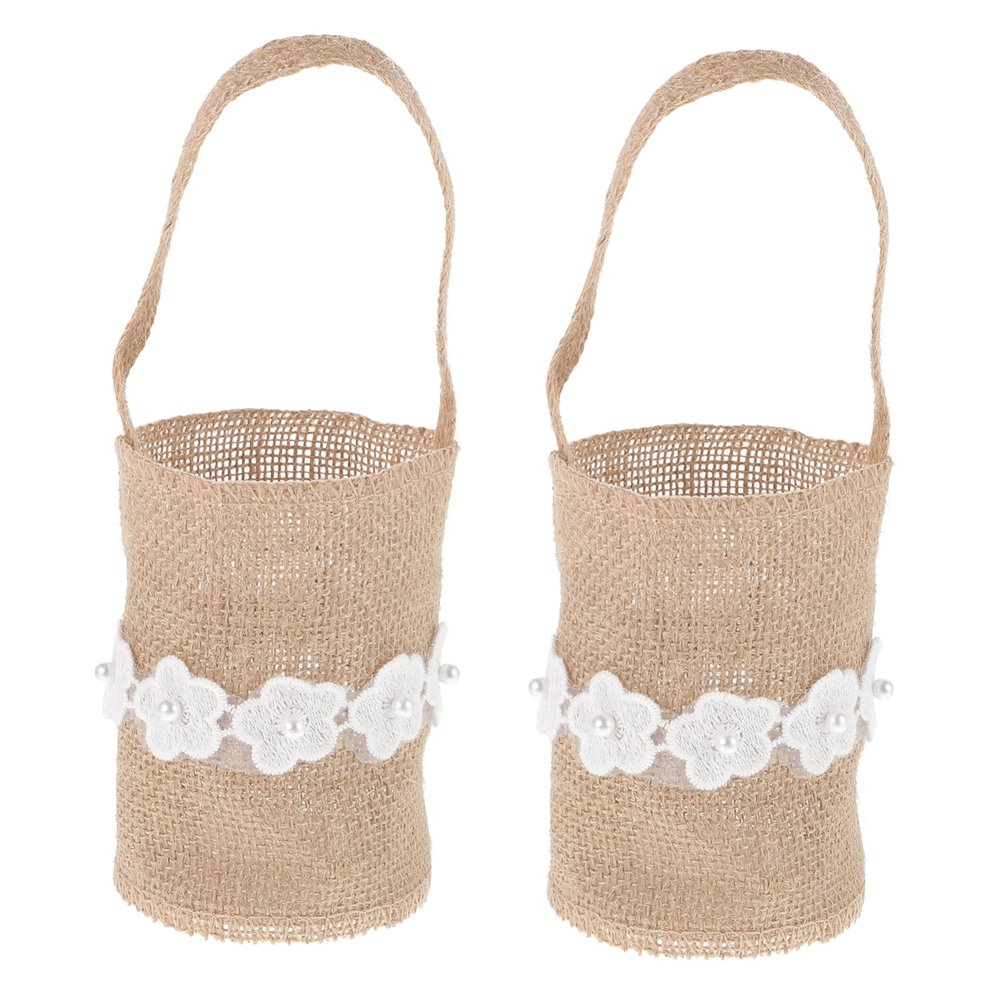 Alipis 2pc Small Linen Bag Boho Flower Girl Basket for Wedding Party Favor Rustic Dec