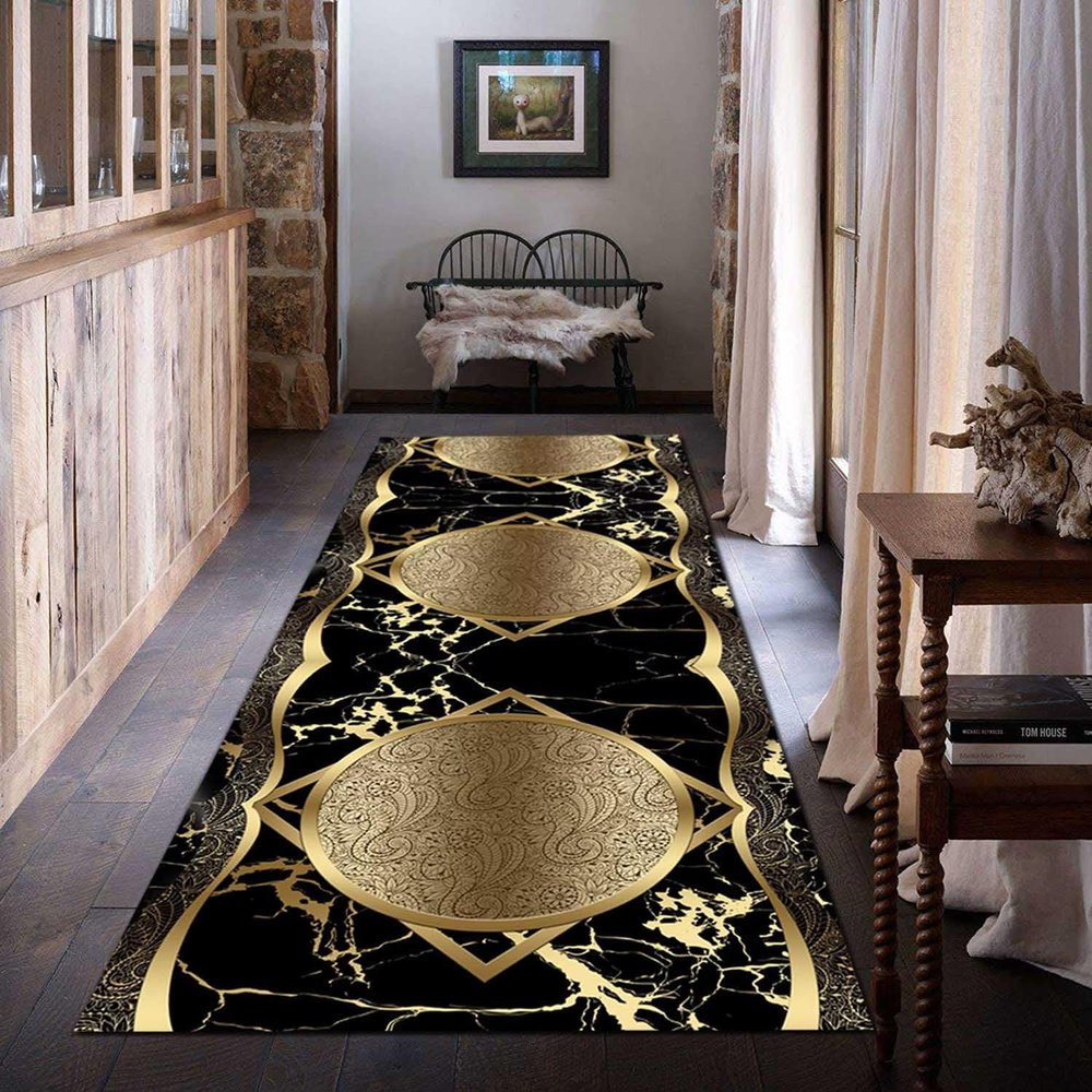 Luxury Black and Gold Long Rug,Modern Marble Textured Non Slip Hallway Runner Rug,Geometry Washable Runner Rug for Bedroom Entryway Kitchen Living Room Lounge Floor Rugs,50x360cm/20x142 in