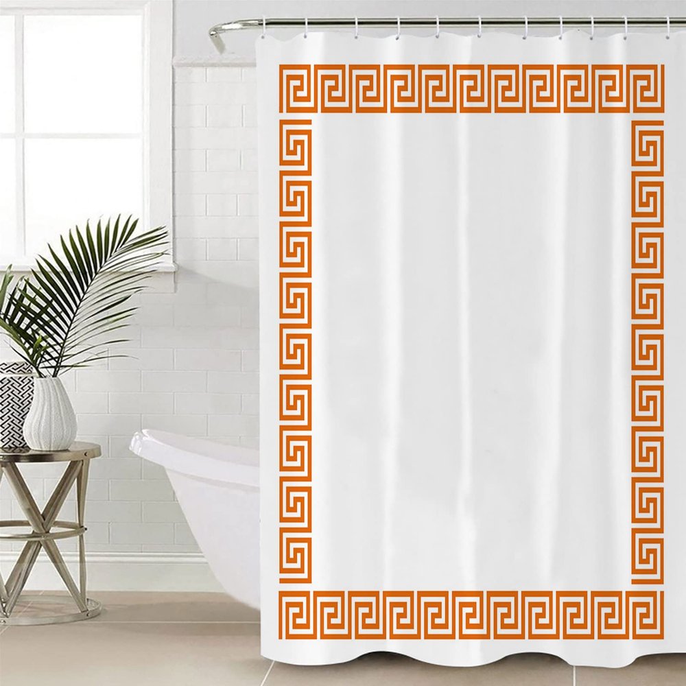 ZOE STORE Shower Curtains for Bathroom Accessories, Orange Geometric Polyester Fabric Bathtub Curtain with 12 Hooks, Modern Key Greek Design Abstract Art Waterproof Shower Curtains 66 x 72 Inches