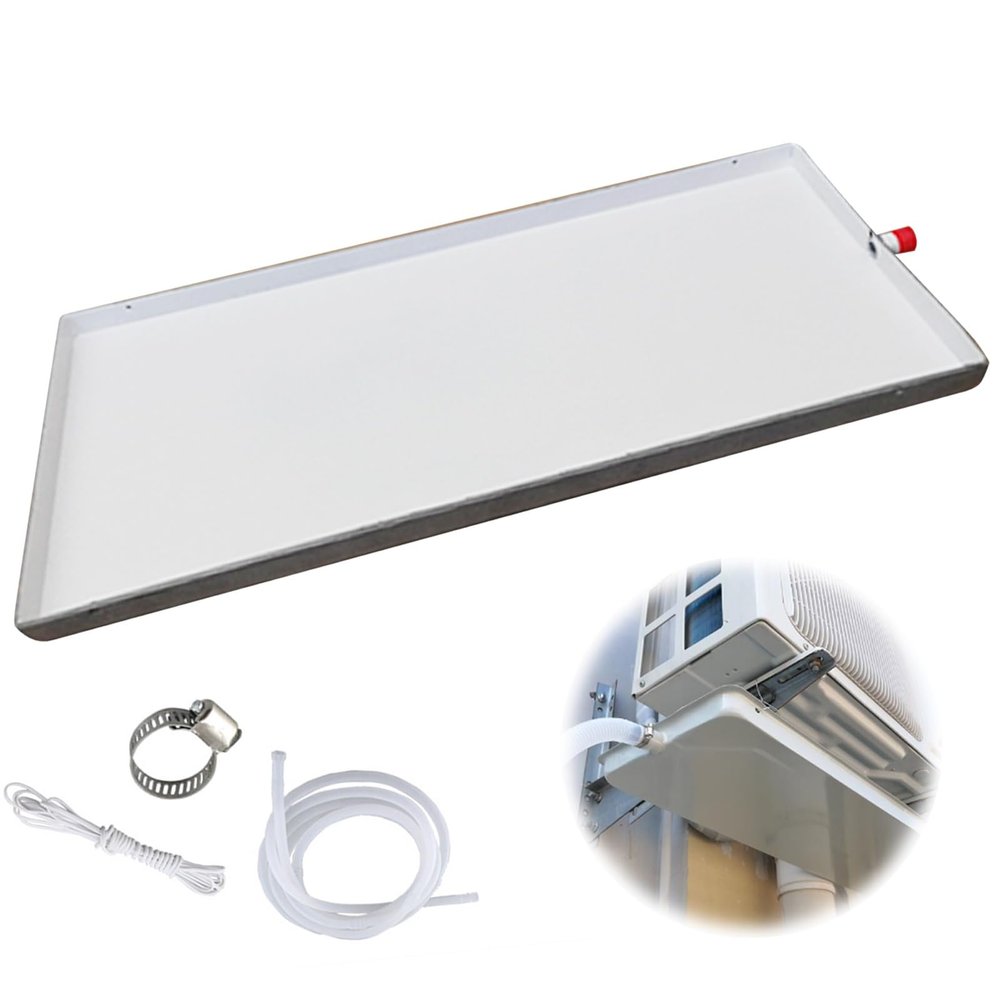 HomeLoft Basics AC Condensate Drain Pan, Water Tray with Shock Absorbing Cotton, Metal Air Conditioner Drip Tray with Drain Hole & Hose, for Window AC and Mini Split Units, 1-2P(32.7*14.6in)