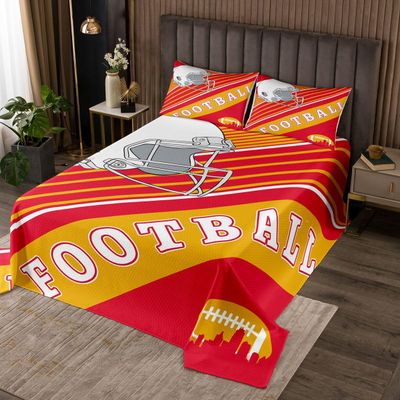 Erosebridal Gridiron Coverlet Set Rugby Decor Sports Game Quilt Set Twin, Boys Football Bedspread Set Red Yellow White Striped Bedding Set 2Pcs