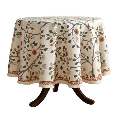 ISAENNE Designer Floral Round Tablecloth,French Linen Light Beige Indoor Table Cloth,Fall Wrinkle Resistant Decor Tablecloths for Dining Thanksgiving Kitchen Party,Diameter 67"-Flora A