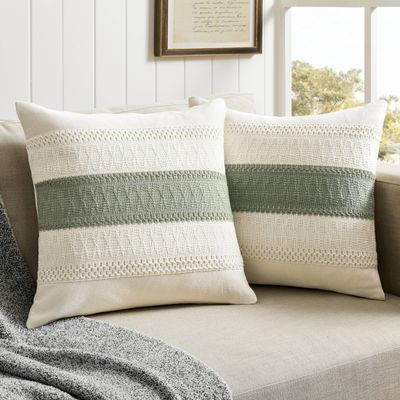 ZeeMart 2 Packs Cotton Boho Throw Pillow Covers 16x16 Inch Contrast Green, Soft Farmhouse Decorative Couch Pillow Cases Sage Green Cushion Covers for Sofa Bed Living Room Home Decor