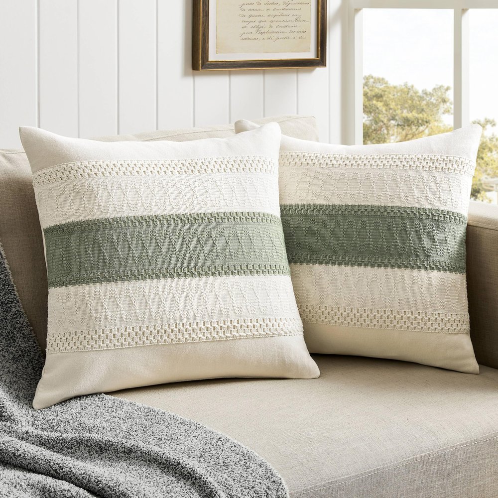 ZeeMart 2 Packs Cotton Boho Throw Pillow Covers 16x16 Inch Contrast Green, Soft Farmhouse Decorative Couch Pillow Cases Sage Green Cushion Covers for Sofa Bed Living Room Home Decor