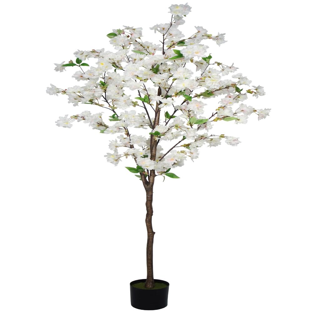 6FT Artificial Cherry Blossom Tree, Lifelike White Cherry Plant in Pot for Indoor, Garden, Office, Wedding & Party Decoration