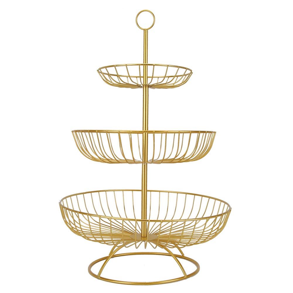 3 Tier Fruit Basket Bowl Fruit Basket Countertop Metal Fruit Stand Holder Metal Fruit Bowl Stand Holder Organizer for Fruits Snacks Vegetables (Gold)