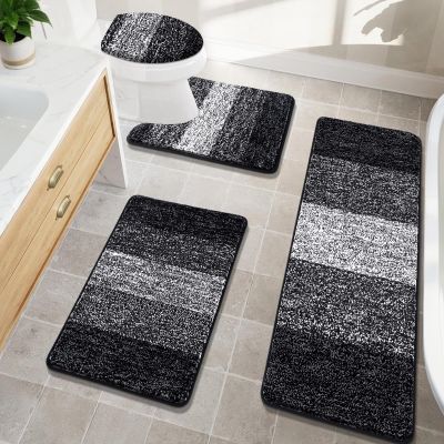 Bsmathom Bathroom Rugs Sets 4 Piece with Toilet Cover, Soft Absorbent Bath Mats for Bathroom, Non-Slip Washable Bath Rugs Floor Mat Plush Shaggy Microfiber Bath Mats with U-Shaped Toilet Rug, Black