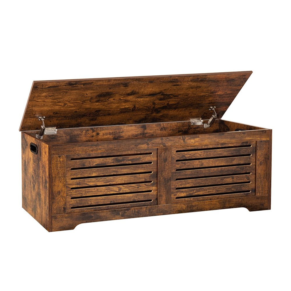DINZI LVJ Storage Chest, 43.3 Wooden Toy Box with 2 Safety Hinges, Retro Entryway Shoe Storage Bench with Flip-Top, Sturdy Large Storage Trunk for Living Room, Bedroom, Easy Assembly, Rustic Brown