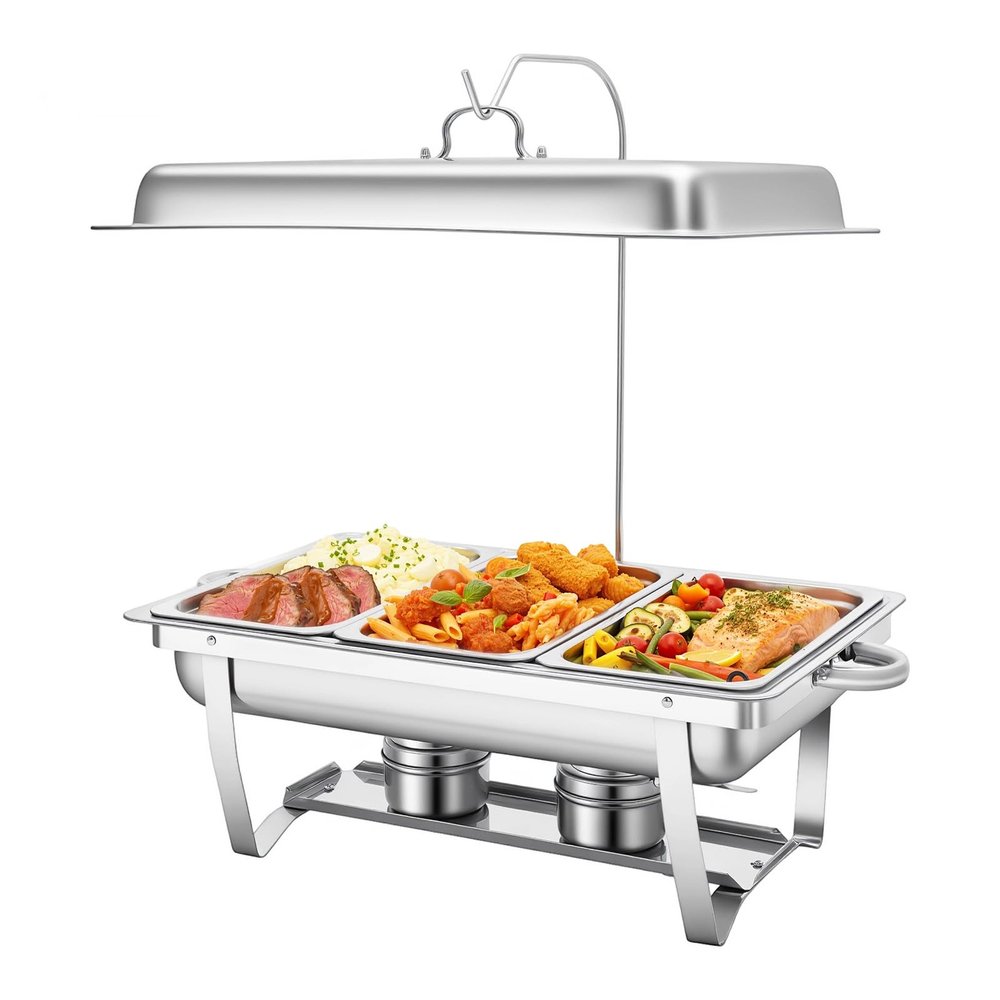 HAPPCUCOE 9.5 Quart Chafing Dish Buffet Set,Stainless Steel Buffet Servers and Warmers with 3 Food Trays for Restaurants, Cafeterias, Hotels, Parties,Silver