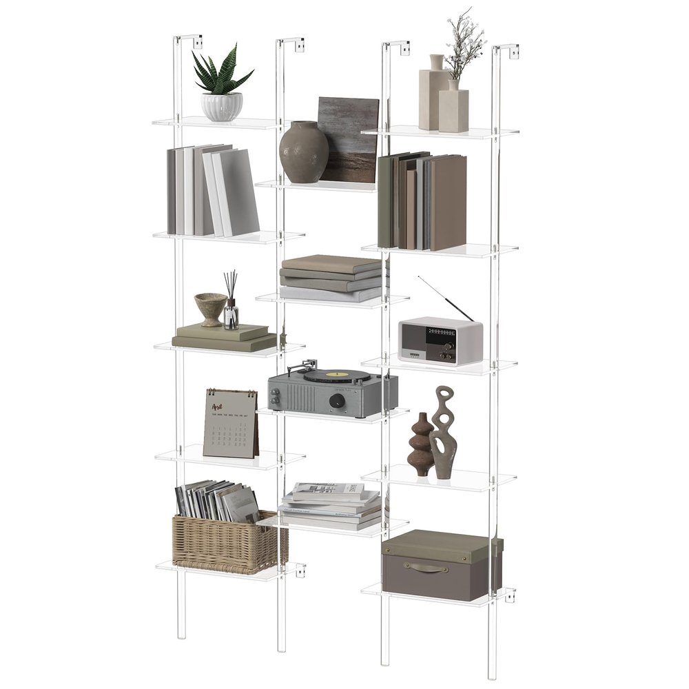 CRTERICX Acrylic Bookshelf, Wall Mounted, 5-Tier Clear Ladder Bookshelf with 14 Open Shelves, Multipurpose Bookcase for Living Room, Bathroom, Office, Modern, 9.5" D x 43.5" W x 72.8" H