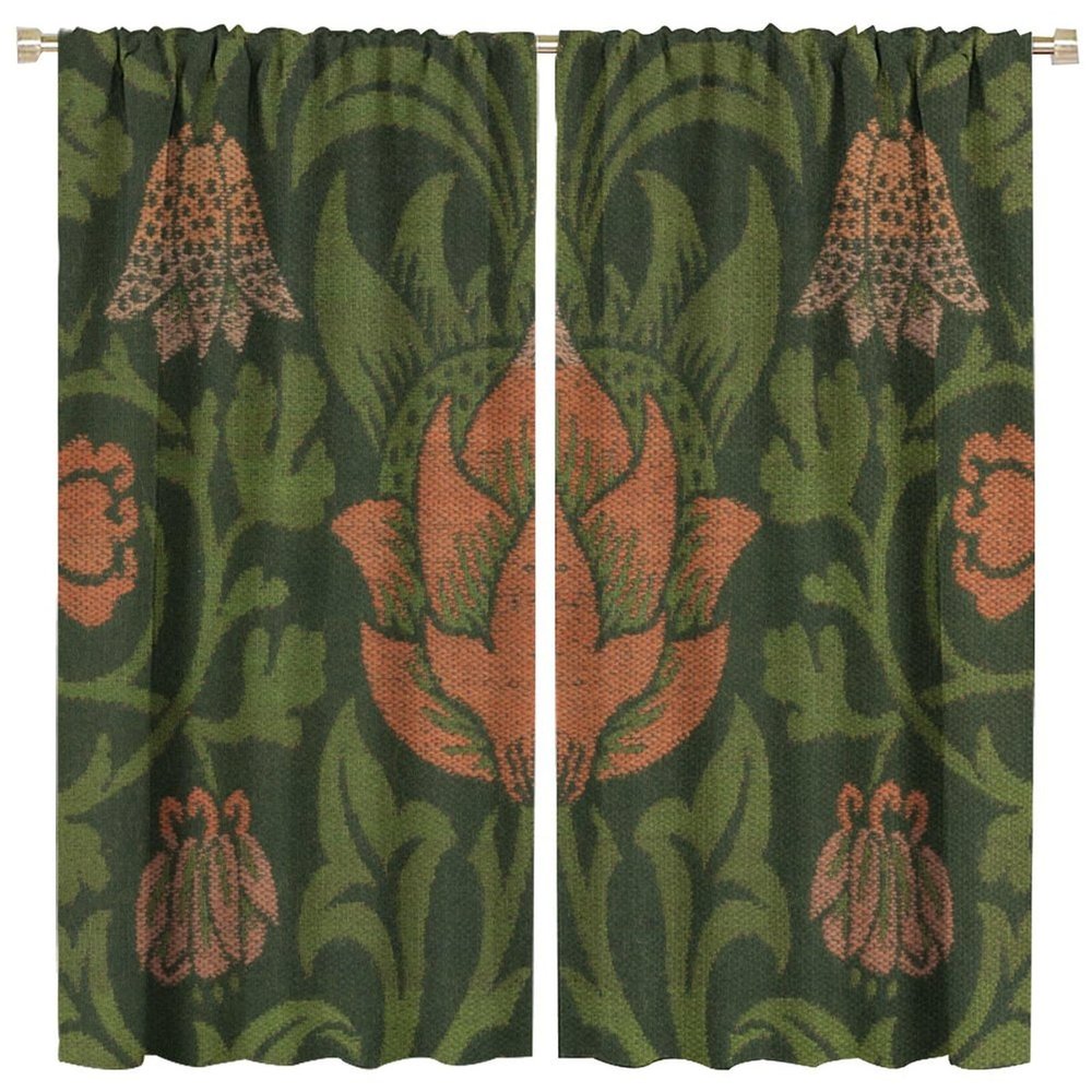 GoDazzling Vintage Bohemia William Morri Plant Flowers Blackout Window Curtains, Abstract Art Retro Plants Pattern Print Window Drapes, for Bedroom Living Room 31.5(W)*72(L) 2 Panels