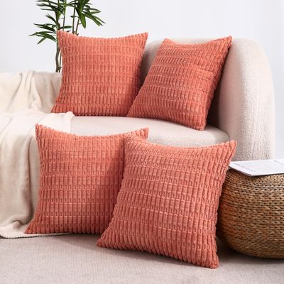 All Smiles Decorative Coral Throw Pillow Covers 22x22 Set of 4 Farmhouse Rustic Boho Home Decor Soft Plush Striped Corduroy Square Cushion Case for Living Room Couch Bed Sofa