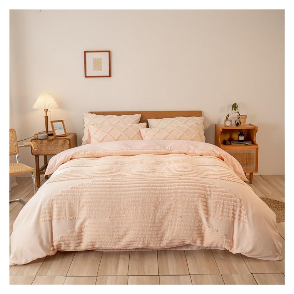 Tufted Duvet Cover, 3 Pieces Boho Bedding Sets Compatible with Shabby Chic Home, Microfiber Soft & Breathable Textured Comforter Cover Set with Zipper Closure Corner Ties,Bed Sheets (Pink Queen)