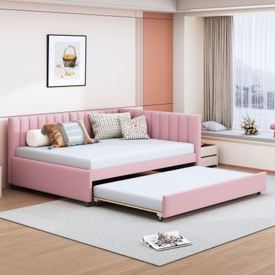 Harper & Bright Designs Full Size Upholstered Daybed with Trundle Sofa Bed Frame for Boys Girls Kids Adults Toddler No Box Spring Needed, Linen Fabric(Pink)