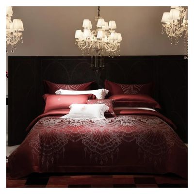 1500TC Egyptian Cotton Luxury Vintage Wine Red Bedding Set Double Queen King Yarn-Dyed Jacquard Duvet Cover Bed Sheet Pillowcase,Bed Sheets (Red Flat Bed Sheet_King 4PCS)