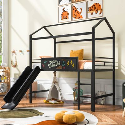 Bellemave Twin Size loft Bed for Kids, Metal loft Bed with Slide and Stairs, House loft Bed with writable Wooden Board, Low loft Bed for Kids, Boys, Girls, Black