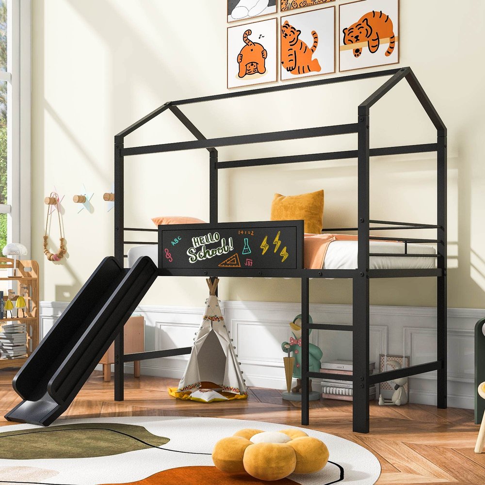 Bellemave Twin Size loft Bed for Kids, Metal loft Bed with Slide and Stairs, House loft Bed with writable Wooden Board, Low loft Bed for Kids, Boys, Girls, Black