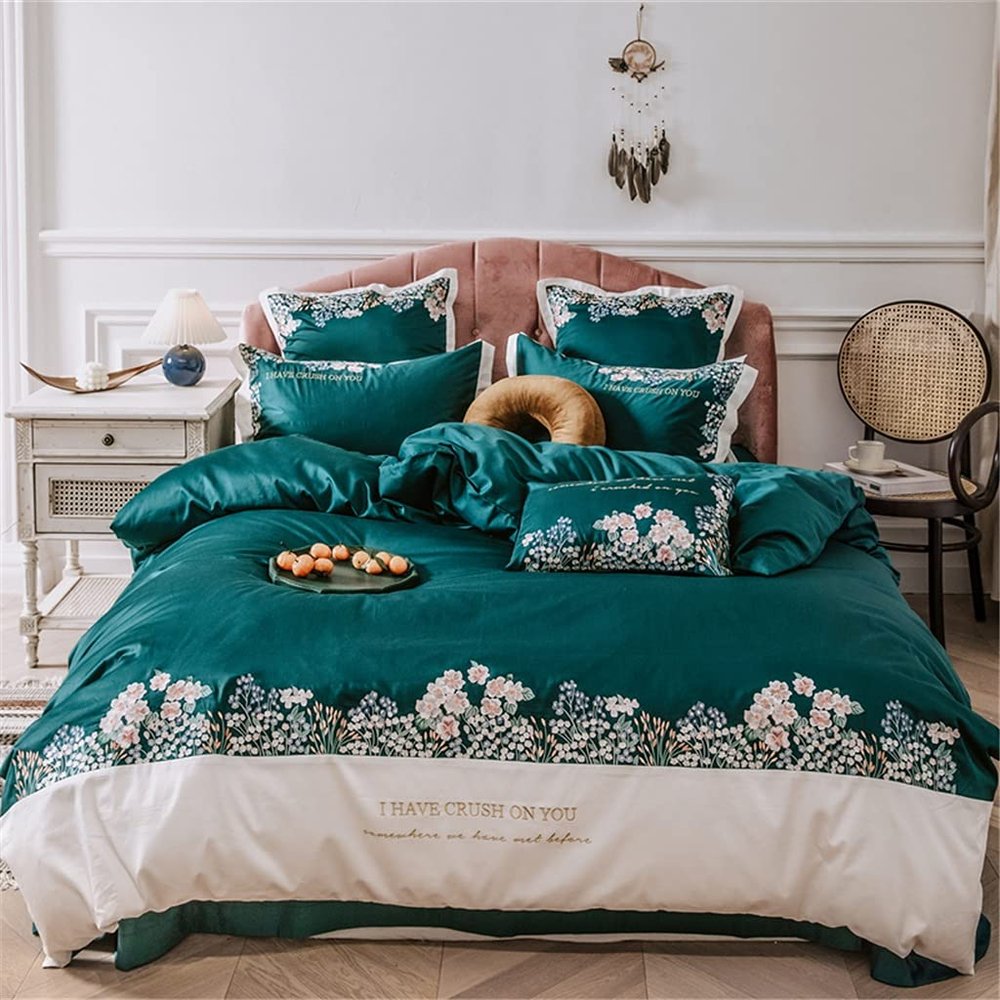 60 Satin Long-Staple Cotton Embroidery Four-Piece Simple Splicing Cotton Double Duvet Cover Bedding (Color : A 4-Piece Suit, Size : 1.5m) (B 4 Piece Suit)