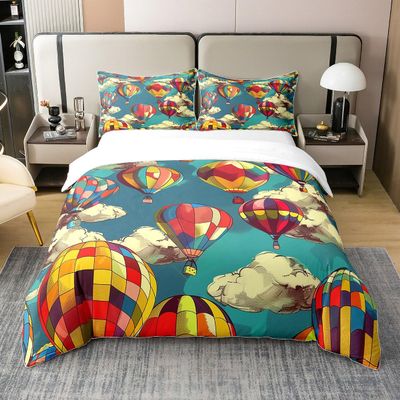 Kids Hot Air Balloon 100% Natural Cotton Bedding Set Rainbow Balloon Comforter Cover Cartoon White Cloud Sky Duvet Cover Aviation Journey Bedspread Cover For Teens Boys child,Twin Size 2Pcs