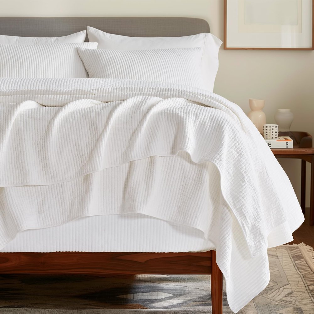 EVERGRACEHOME Cotton Coverlet Set Full Queen Size 3 Pieces, Lightweight Soft Ribbed Matelass Bedspread Quilt Set, Cozy Oversized Quilted Bedding Set with 2 Pillow Shams for All Seasons, Ivory White