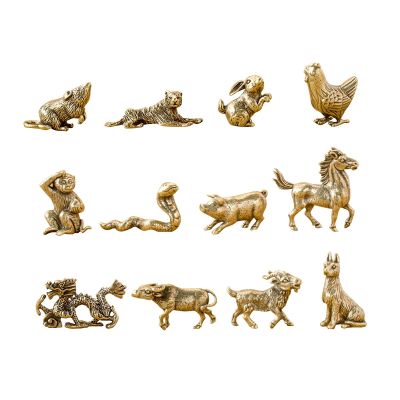 12 Pieces Chinese Zodiac Set Brass Figurine Vintage Birthday Gifts Animal Statue Mini Zodiac Statues for Office Desktop Home