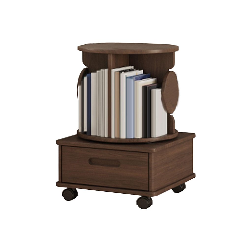ZLGONRL Corner Rotating Bookshelf Bookshelf with Storage Drawer for Small Spaces Revolving Bookcase with Brake Wheels (Two Walnut)