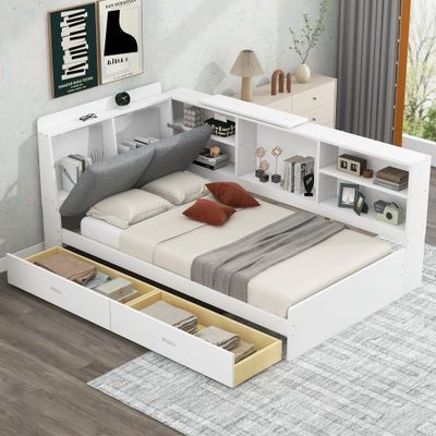XD Designs Wood Twin Size Platform Bed with L-Shaped Storage Shelves and Upholstered Headboard, Versatile Daybed Platform Bed with 2 Drawers and Rotatable Storage Board, Maximize Space (White-25)