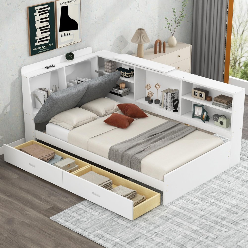 XD Designs Wood Twin Size Platform Bed with L-Shaped Storage Shelves and Upholstered Headboard, Versatile Daybed Platform Bed with 2 Drawers and Rotatable Storage Board, Maximize Space (White-25)