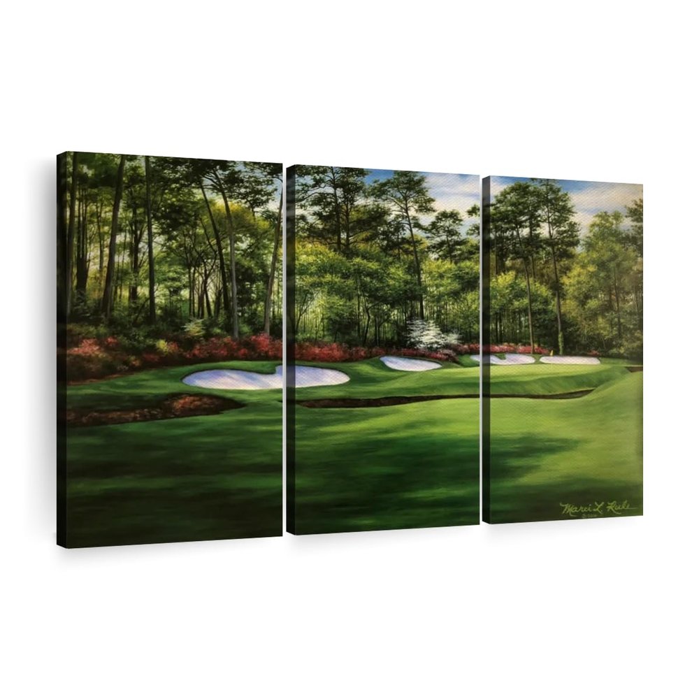 ElephantStock Augusta National 13th Hole I Wall Art - Horizontal Canvas - 3-Piece Living Room Wall Decor - Painting Sports Canvas Print - Green and Red Decor for Wall by Marci Rule - 33" X 20"