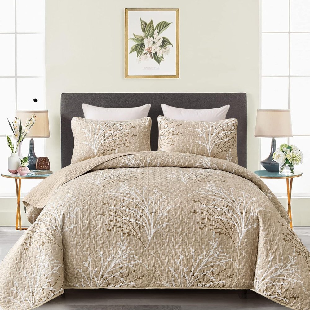 DJY Beige Quilt Set King Size - Branch Botanical Pattern Bedspread Coverlet Set, 3 Piece Floral Quilt Bedding Set Soft Lightweight Microfiber Bed Cover for All Season