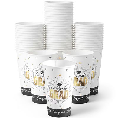 Fun Express Black & Gold Congrats Graduation Disposable Paper Cups - 25 Count