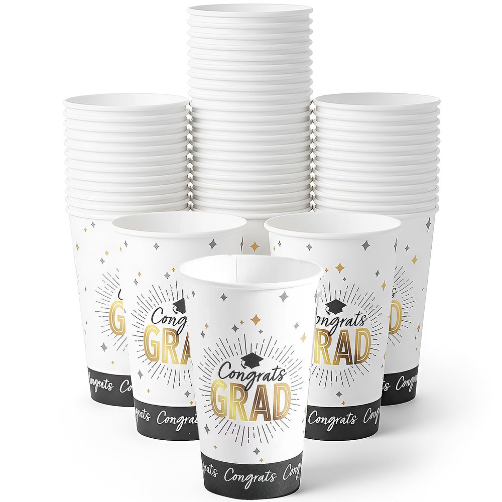 Fun Express Black & Gold Congrats Graduation Disposable Paper Cups - 25 Count