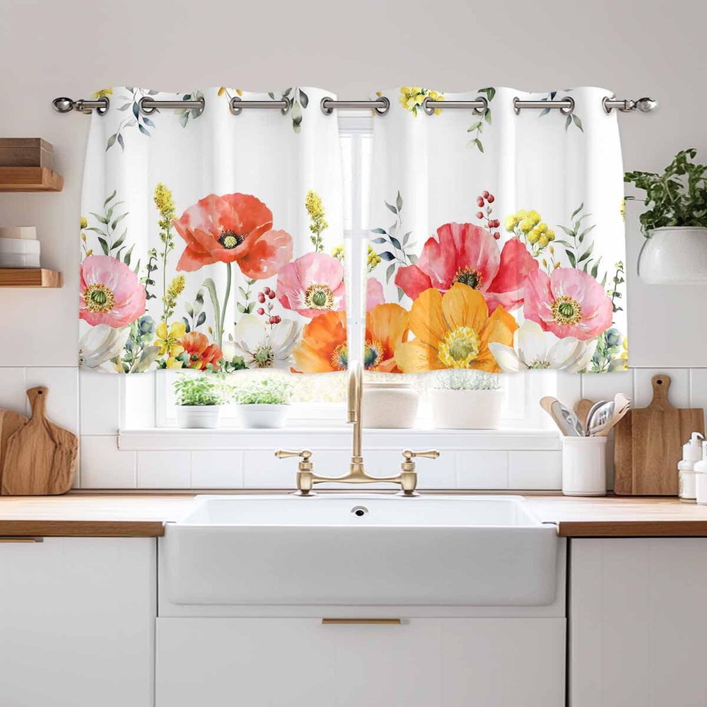 Flowers Blackout Window Curtains 54 Inch Length 5 Panels Set, Spring Eucalyptus Leaves Floral Rustic Grommet Top Window Curtain for Living Room/Bedroom/Kitchen, Farmhouse Country Drapes 52x54 Inch