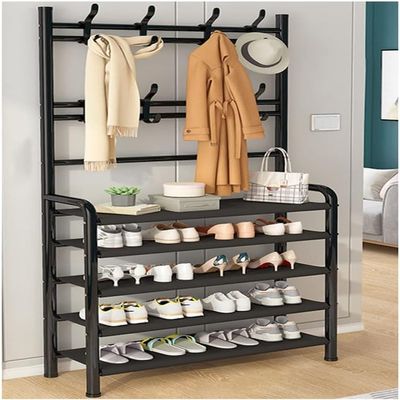 TUOYIBO Coat Rack Shoe Bench With 16 Hooks, Metal Coat Hat Rack Free Standing Clothes Stand With 4~5-Tier Shoe Rack Bench, 3-in-1 Hall Tree With Metal Frame, Easy Assembly