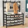 TUOYIBO Coat Rack Shoe Bench With 16 Hooks, Metal Coat Hat Rack Free Standing Clothes Stand With 4~5-Tier Shoe Rack Bench, 3-in-1 Hall Tree With Metal Frame, Easy Assembly view 1