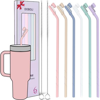 Doboli Replacement 13 inch Long Silicone Straw With Straw Cover,Compatible with Stanley Owala 40 oz 30 oz Cup Tumbler, 6 Pack Reusable Bent Straw with Cleaning Brush,for Stanley Tumbler Accessorie