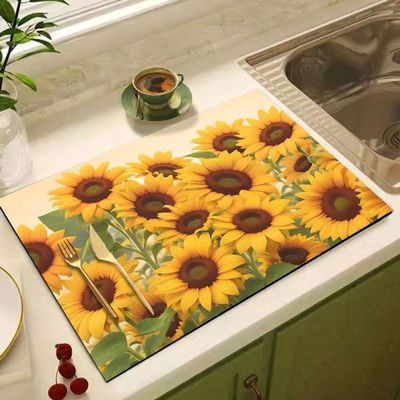 Hixingo Coffee Mat Hide Stain Rubber Backed Absorbent Spring Summer Flowers Dish Drying Mats for Kitchen Counter, Diatomaceous Earth Non-Slip Drying Mat (11.8x15.8,Sunflower)