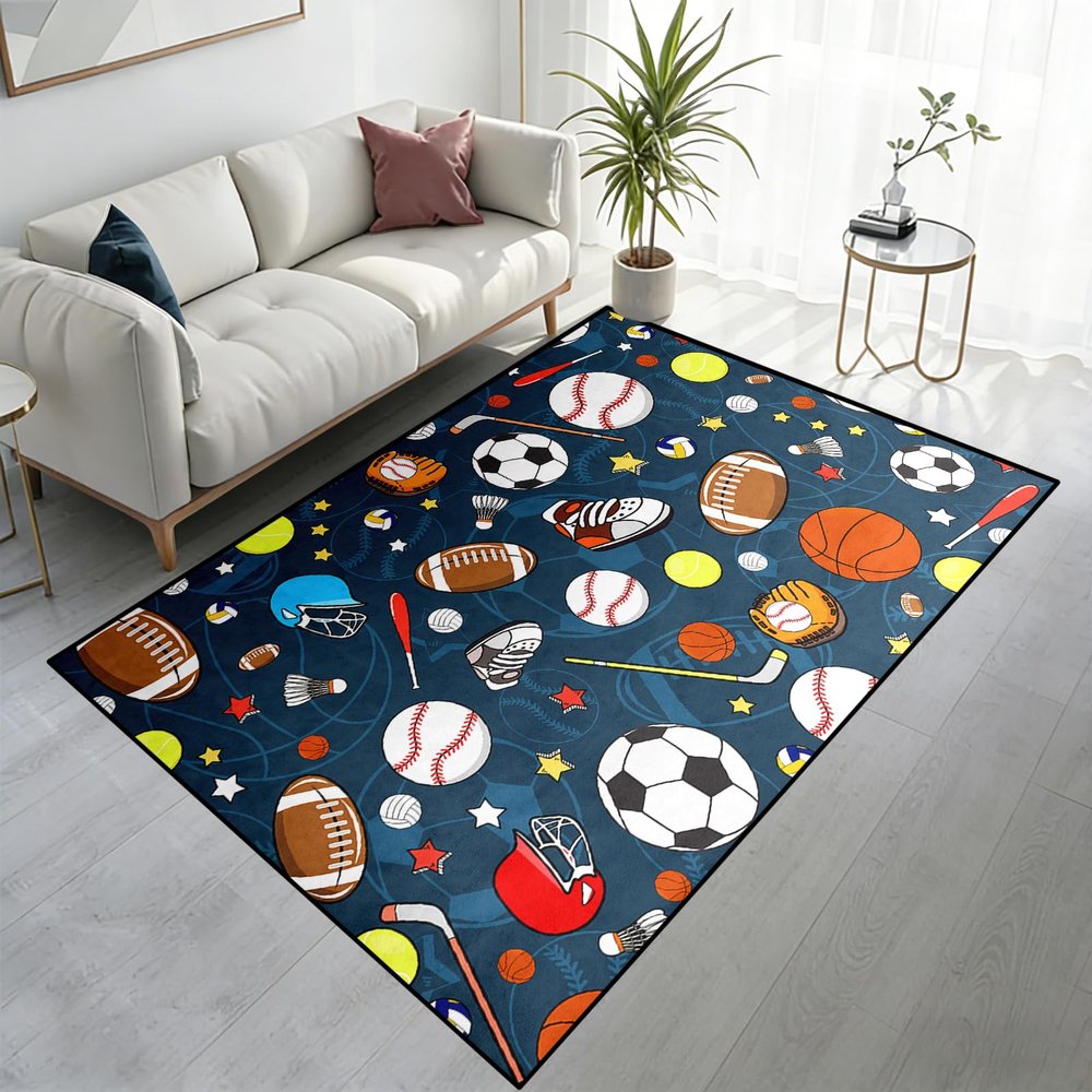 kodhyvj Sport Rug for Kids, Basketball Football Soccer Rug 4.5x6 ft, Sports Rugs for Boys Bedroom, Soft Play Floor Carpet