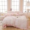 Ruffle Duvet Cover Queen Cute Red Flower Printed Lace Comforter Cover 100% Cotton Floral Duvet Cover Reversible Pink Striped Ruffle Comforter Cover Teen Girls Romantic Princess Bedding Sets Queen view 2
